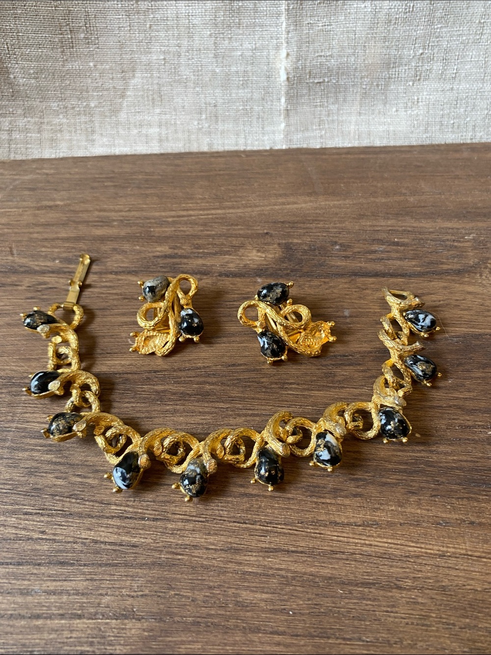 Judy Lee Gold-Tone Bracelet and Earrings Set with Black Snowflake Stone Accents